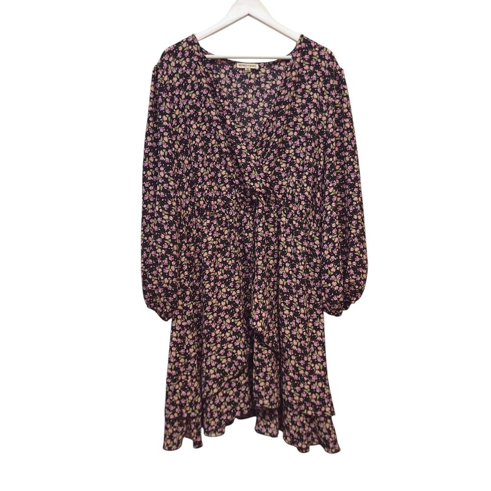Inspired Hearts Dress Size 3x Womens Micro Floral Summer Short Long Sleeve Black